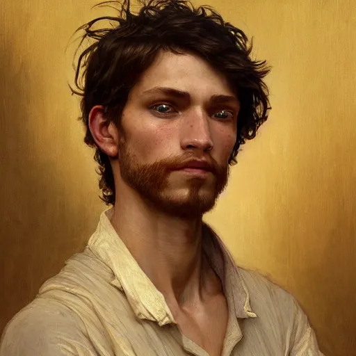 Prompt: Portrait of handsome peasant boy, cinematic lighting, intricate, rugged, highly detailed, digital painting, artstation, smooth, sharp focus, illustration, art by artgerm and greg rutkowski and alphonse mucha and Wayne Barlowe and william-adolphe bouguereau