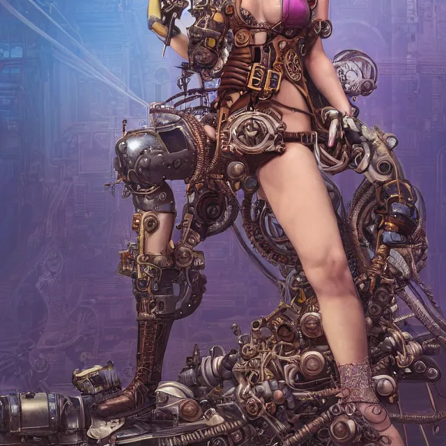 Image similar to the portrait of true neutral semi - colorful female steampunk cyborg mechanist as absurdly beautiful, gorgeous, elegant, young swimsuit model, an ultrafine hyperdetailed illustration by kim jung gi, irakli nadar, intricate linework, bright colors, octopath traveler, final fantasy, unreal engine 5 highly rendered, global illumination, radiant light, detailed and intricate environment