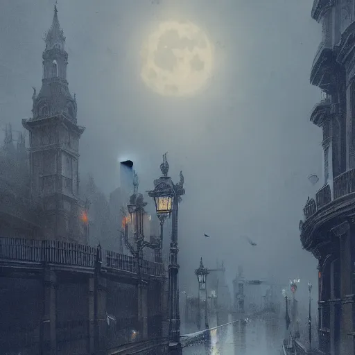 Image similar to A picture of victorian era london shrouded in mist, full moon above, raining, Greg Rutkowski, trending on artstation