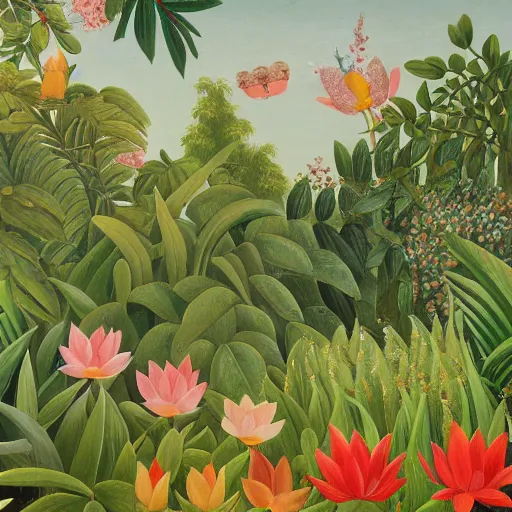 Image similar to hd photo of a fresco in naive art style by henri rousseau with birds and flowers and lotuses, highly detailed, unreal engine, photorealism