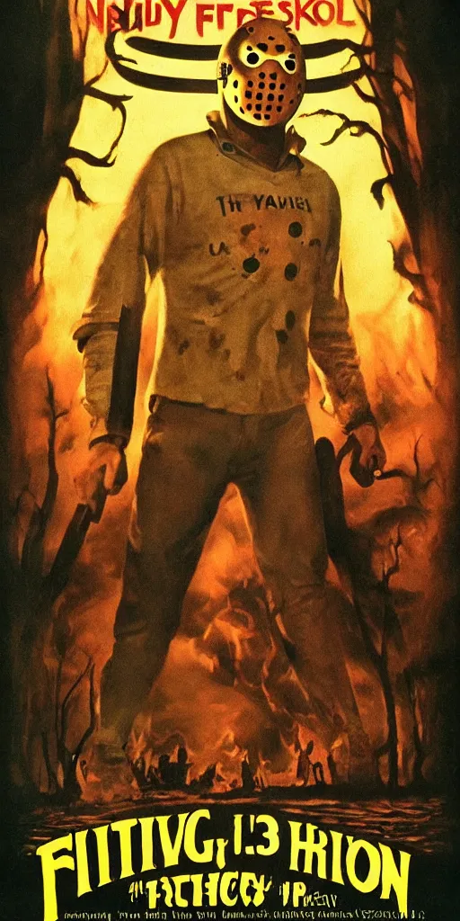 Image similar to vintage friday the 1 3 th movie poster, cinematic lighting, vivid vintage coloring