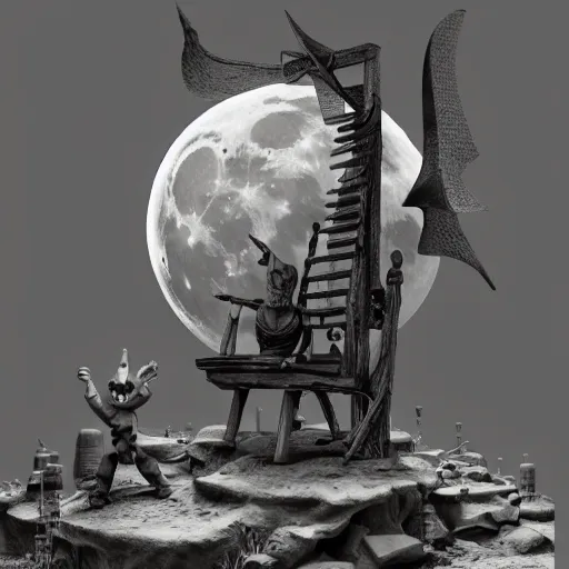 Image similar to full moon, figurines, travel, tilt shift, style of 3 d daz, occlusion, white clay, style of dave mckean, style of shuzo oshimi, style of will eisner, full of color, on white, smooth, thin sharp lines, detailed, octane render