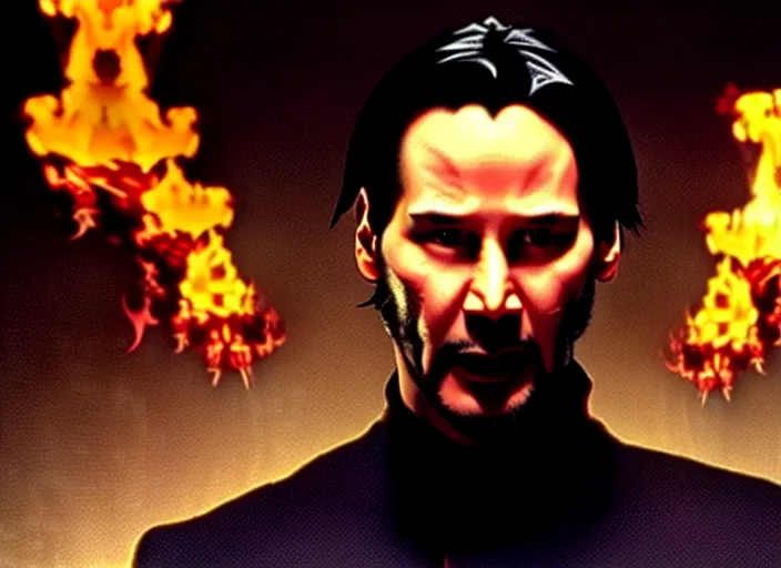 Image similar to A photo of Keanu Reeves as Neo in The Matrix movie doing a thumb up to the camera in front on burning servers, servers in flames in the background, doing a thumb up, The Matrix servers on fire, uncropped, full body, crispy, symmetrical face, ultra detailed, cinematic