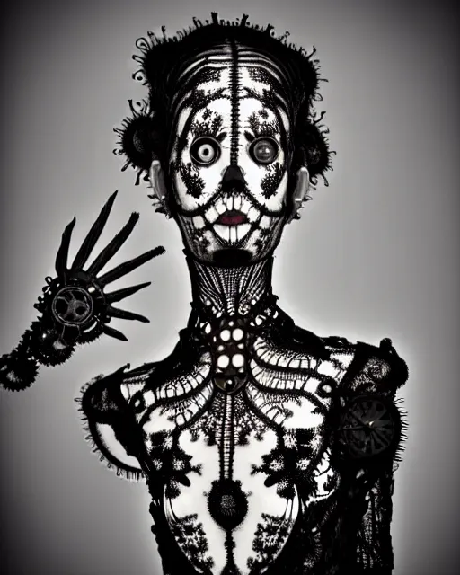 Image similar to surreal dark poetic black and white photo portrait of complex bio-mechanical beautiful young silver female vegetal-cyborg with a Mandelbrot fractal steampunk metal fine lace face, a very long neck and a fine metal floral foliage super big lace collar by Vivienne Westwood:: smoke, high fashion, haute couture, rococo, steampunk, avant-garde, silver filigree details, anatomical, facial muscles, cable wires, microchip, elegant, dreamy, foggy atmosphere, hyper realistic, 150 mm lens, soft rim light, octane render, unreal engine, picture was taken in 1910 by Man Ray, volumetric lighting, dramatic light,8k,