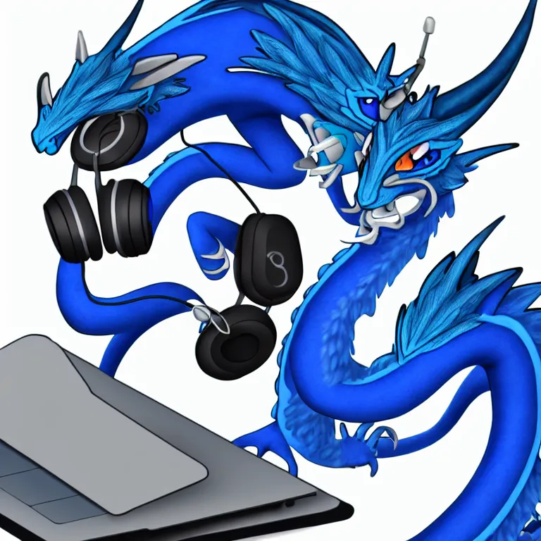 Prompt: an anthropomorphic male blue dragon wearing headphones making music on his laptop, deviantart, furry art, highly detailed, 8k