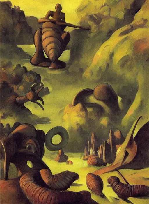 Image similar to photo of a giant snail man guardian of the holy lake, bizarre, fantasy landscape, art by andreas achenbach, august macke, alice bailly, alison geissler