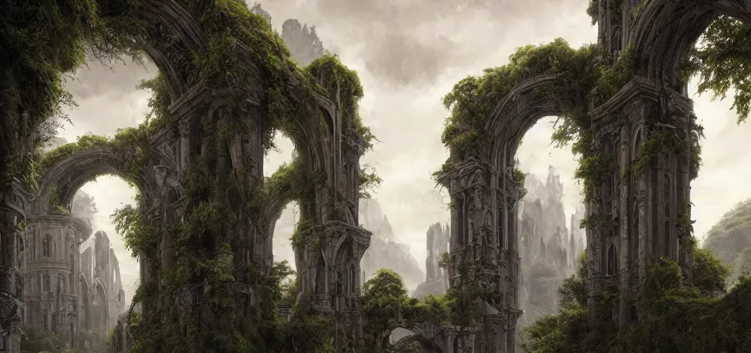 Image similar to gigantic castle, arches adorned pillars, towers, archways, gnarly trees, lush vegetation, forrest, landscape, raphael lacoste, eddie mendoza, alex ross, concept art, matte painting, highly detailed, rule of thirds, dynamic lighting, cinematic, detailed, denoised, centerd