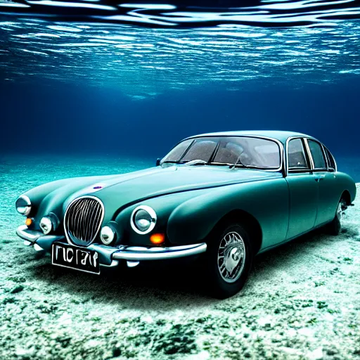 Prompt: hyperrealistic photo of an old jaguar car, half underwater in a swimming pool, 4 k, 8 k, thin film, full shot