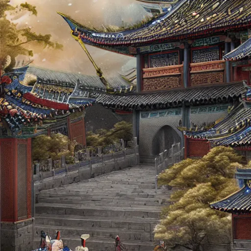 Image similar to dynamic composition, motion, ultra-detailed, incredibly detailed, a lot of details, amazing fine details and brush strokes, colorful and grayish palette, smooth, HD semirealistic anime CG concept art digital painting, watercolor oil painting of epic castle gate, from Three Kingdoms, by a Chinese artist at ArtStation, by Huang Guangjian, Fenghua Zhong, Ruan Jia, Xin Jin and Wei Chang. Realistic artwork of a Chinese videogame, gradients, gentle an harmonic grayish colors.