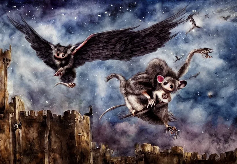 Image similar to Threatening winged possum flying over a medieval castle under a dark starred sky, dark fantasy, watercolor, dreaming illusion, highly detailed, 4k, trending on Artstation, award-winning