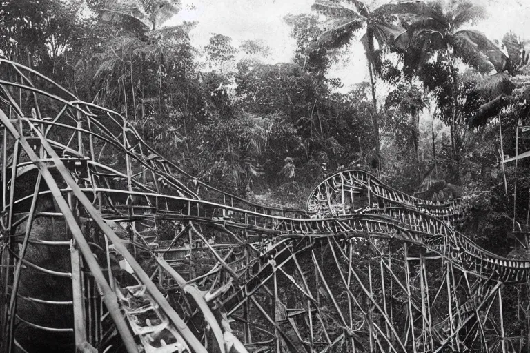 Image similar to a 1 9 0 5 colonial closeup photograph of a rollercoaster in a village at the river bank of congo, thick jungle, scary, evil looking, wide angle shot