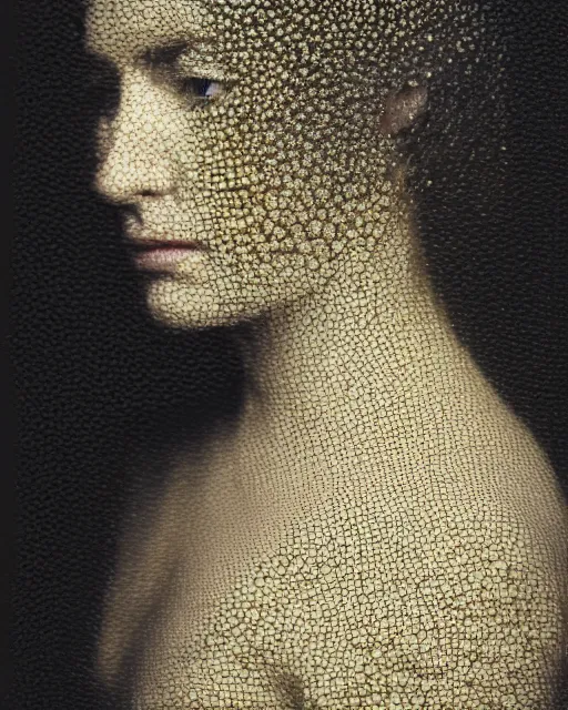 Image similar to a woman's face in profile, made of fish scales, in the style of the dutch masters and gregory crewdson, dark and moody