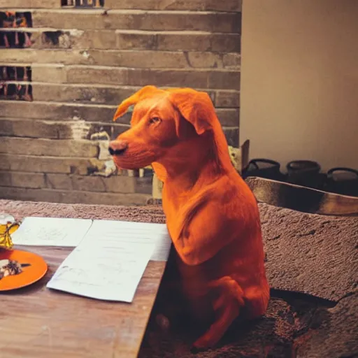 Image similar to a photograph of an orange humanlike dog in his house, sitting relaxed at a table, ☕ on the table, surrounded by flames and fire, smoke above him