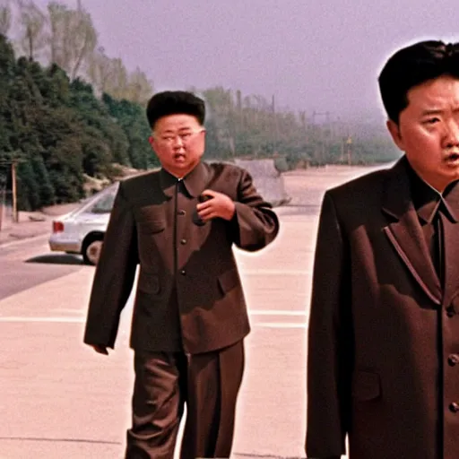 Image similar to low resolution filmstill of a north Korean thriller in the style of Kim Jong-il and Shinya Tsukamoto, Mamiya medium format, cinemascope