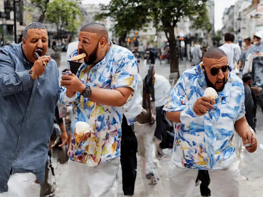 Prompt: Hide the pain Arnold and DJ Khaled licking ice cream in street while walking, 4K, photorealistic