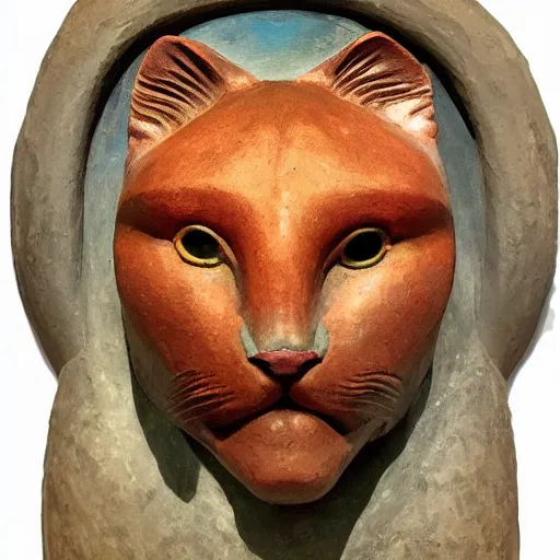 Image similar to sacred ancient polychrome cat head sculpture, by annie swynnerton and diego rivera and nicholas roerich and jean delville, symbolist, dramatic lighting, god rays, elaborate geometric ornament, art brut, rich colors, smooth sharp focus, extremely detailed, adolf wolfli