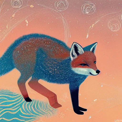 Prompt: little curious fox on the prowl oil painting victo ngai