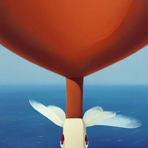 Image similar to goro fujita ilustration view from the sky of a bird with open wings full of feathers flying over the ocean, painting by goro fujita, sharp focus, highly detailed, artstation