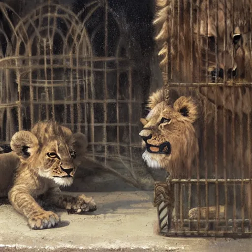 Prompt: cute lion cub with a scorpion tail in a cage on a medieval fantasy market, oil painting, manticor cub, by greg rutkowski