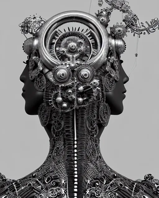 Prompt: mythical black and white organic bio-mechanical spinal ribbed profile face portrait detail of silver mechanical beautiful female angelic-queen-vegetal-cyborg, highly detailed, intricate steampunk flower ornate, poetic, 3D render, digital art, octane render, 8K artistic photography, photo-realistic, by Dora Maar