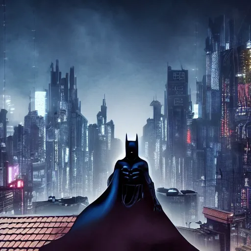 Prompt: Batman crouching on a rooftop with his back to us overlooking a dystopian cityscape at night, cyberpunk, highly detailed, 4k