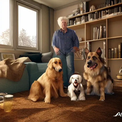 Image similar to a picture of an old man with 2 giant dogs next to him living in a small apartment, German shepard and a golden retriever, midwestern redneck life, sharp edges, realistic image, 8k UHD, arnold render, realism, dramatic, HD, high details