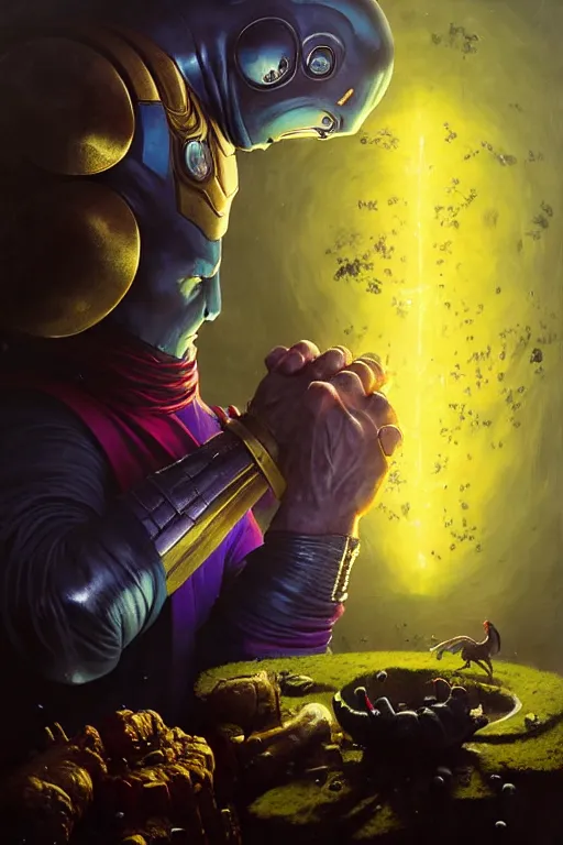 Prompt: hieronymus bosch, greg rutkowski, anna podedworna, painting of thanos eating the infinity gauntlet