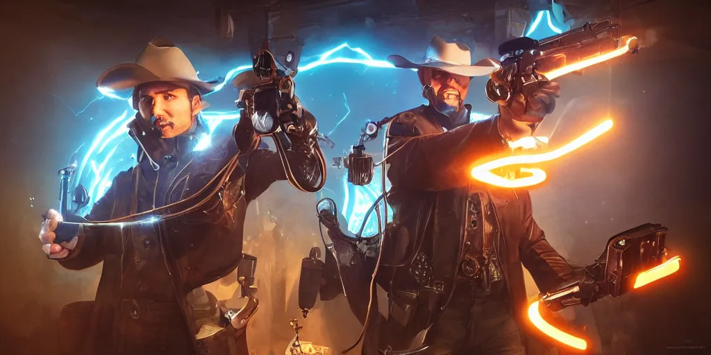 Image similar to a futuristic cowboy holding a glowing revolver to his enemies in a steampunk themed bar, trending on artstation, digital art, award winning, cinematic lightning, god rays