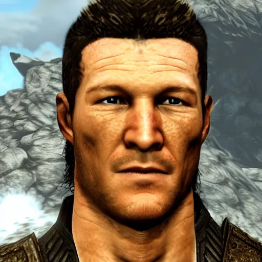 Prompt: character screenshot of michael bisping, npc talking, skyrim, wilderness, 1 0 8 0 p, bokeh, elder scrolls v, detailed, dialog text, eyepatch