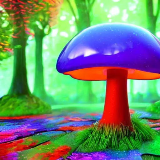 Image similar to a bright magic forest, with multicolored mushrooms and forest creatures dancing in the rain, 4 k, 3 d