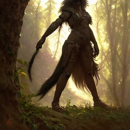 Prompt: photo of a humanoid hyena were a heroic dress an armour in the forest, long hair, highly detailed, digital painting, artstation, smooth, sharp focus, illustration, art by artgerm and greg rutkowski and alphonse mucha