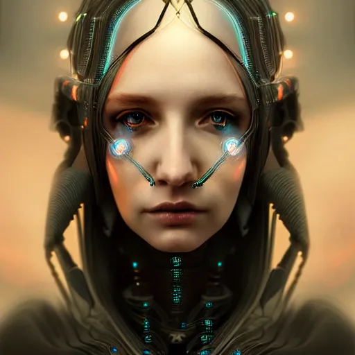 Image similar to cyberpunk robotic dark elvish queen, diadem on the head, extremely detailed, hyperrealistic, intricate, soft light, fantasy, digital painting, art station, perfect faces, fine details, by wlop