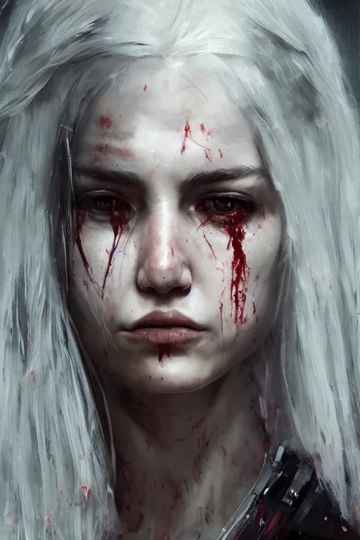 Image similar to a fancy portrait of a young ripped girl with long white hair by greg rutkowski, sung choi, mitchell mohrhauser, maciej kuciara, johnson ting, maxim verehin, peter konig, bloodborne, 8 k photorealistic, cinematic lighting, hd, high details, dramatic, dark atmosphere, trending on artstation