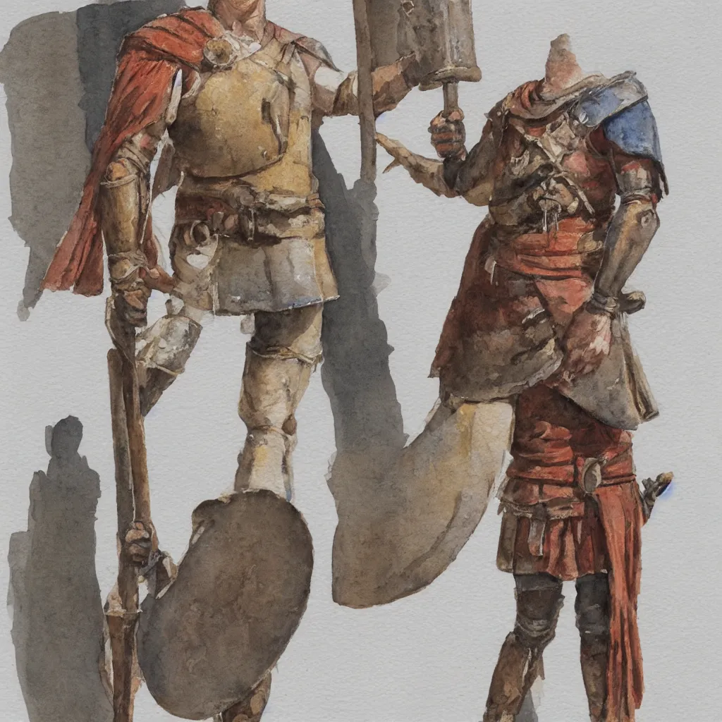 Prompt: a roman legionnaire holding an envelope, standing alone, watercolor, concept art, white background