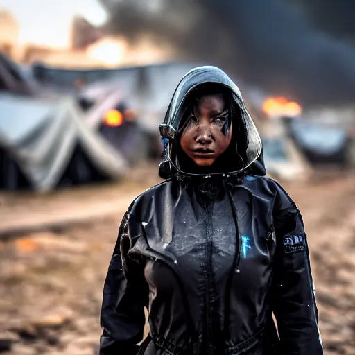 Prompt: photographic portrait of a poor techwear woman holding back tears, a futuristic shanty town burns in the background, closeup, sigma 85mm f/1.4, 4k, depth of field, high resolution, 4k, 8k, hd, full color