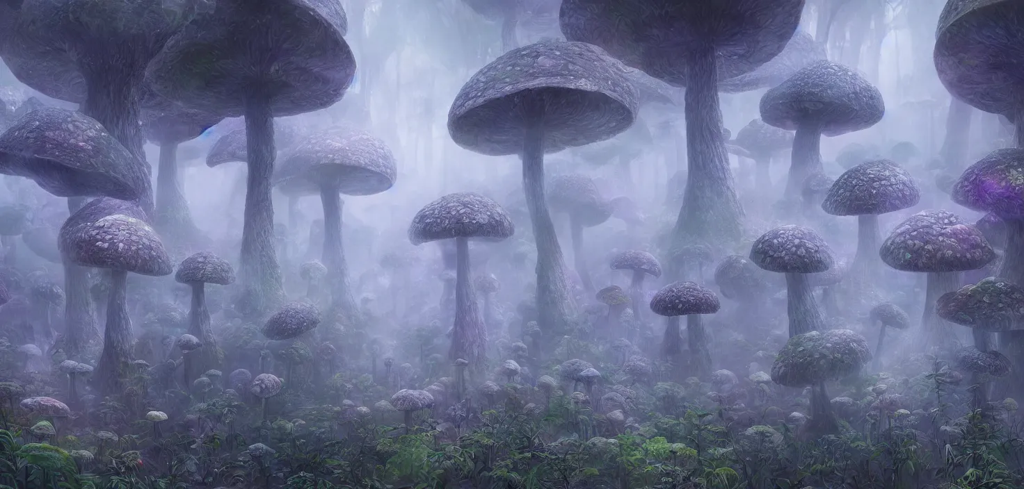 Image similar to a distant dense forest of giant bismuth mutated mushrooms, intricate, highly detailed, organic, volumetric fog, concept art, masterpiece