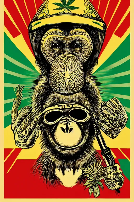 Image similar to Shepard Fairey poster of reggae weed smoking monkey , color, high resolution.