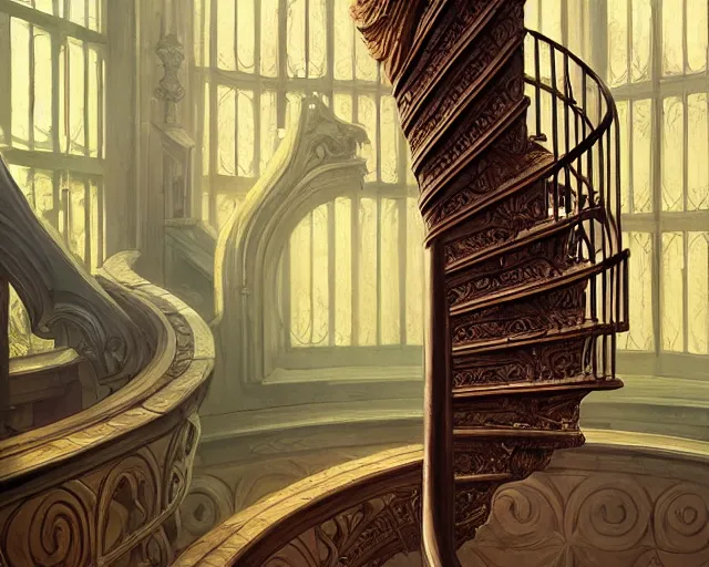 Prompt: spiral staircase leading to hope and glory, deep focus, d & d, fantasy, intricate, elegant, highly detailed, digital painting, artstation, concept art, matte, sharp focus, illustration, hearthstone, art by artgerm and greg rutkowski and alphonse mucha