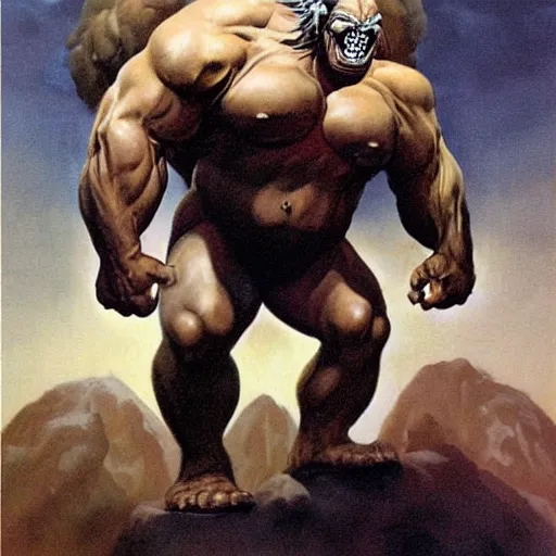 Prompt: hairy, heavy set, overbearing, hungry, menacing, giant painted by boris vallejo, frazetta