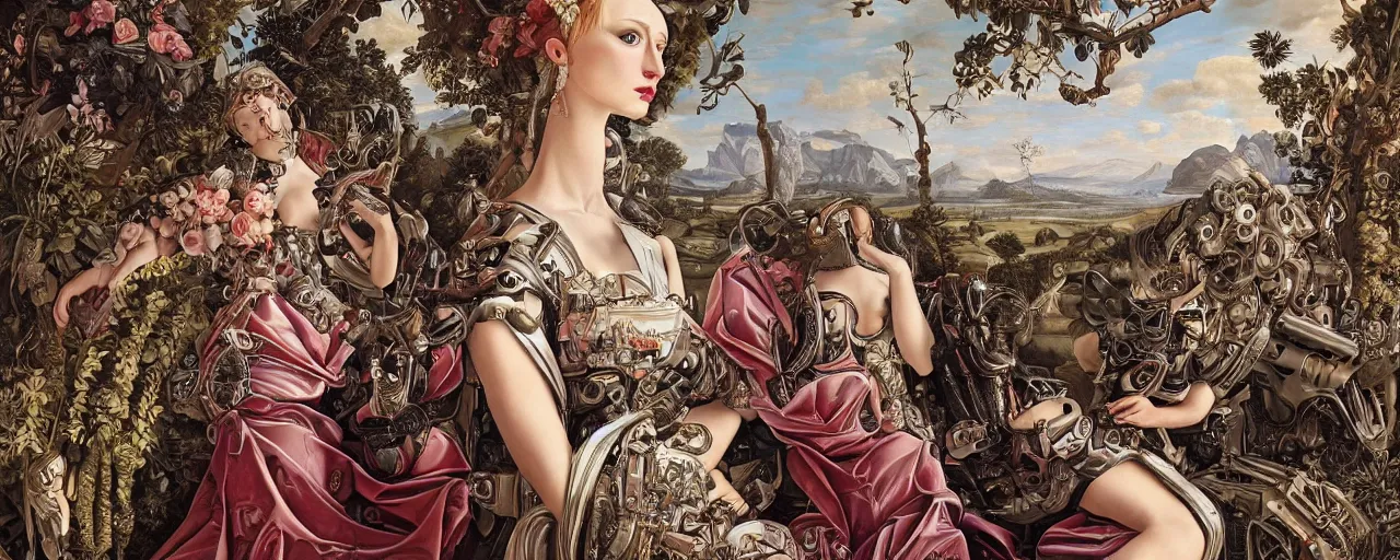 Prompt: hyperdetailed photorealistic elaborate cyborgs with elegant maximalist baroque cloths. seen from the distance in a wide beautiful natural landscape. in the style of Caravaggio and Botticelli, with liberty cyberpunk and extremely intricate flemish baroque mixed media elements. beautiful! pastel tones. matte background HD 8x