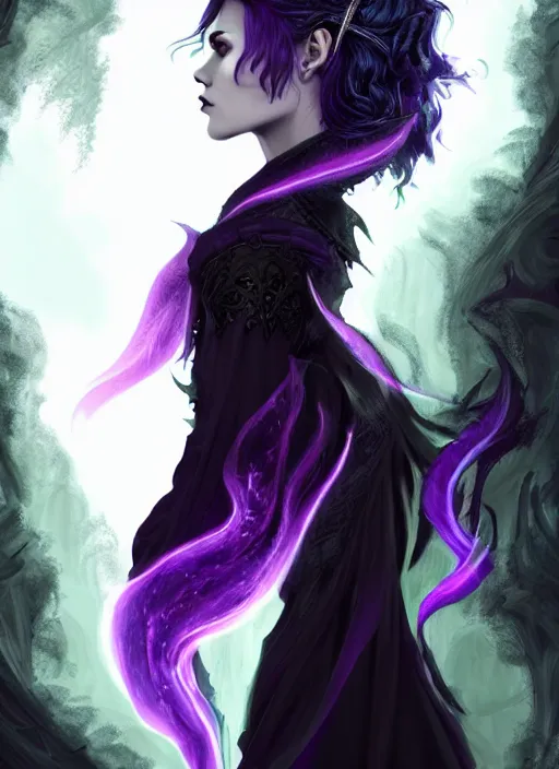 Image similar to side portrait dark witch, adventurer outfit large cloak, fantasy forest landscape, dragon scales, fantasy magic, undercut hairstyle, short purple black fade hair!!!!!!, dark light night, intricate, elegant, sharp focus, illustration, highly detailed!!!!!!!, digital painting, concept art, green neon smoke, matte painting, art by WLOP and Artgerm and Greg Rutkowski and Alphonse Mucha, masterpiece