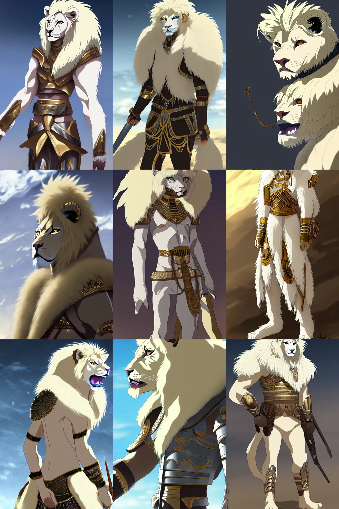 Prompt: albino lion army general with egyptian armor, fursona, anthro, anime key visual, detailed armor, detailed fur, makoto shinkai, portrait