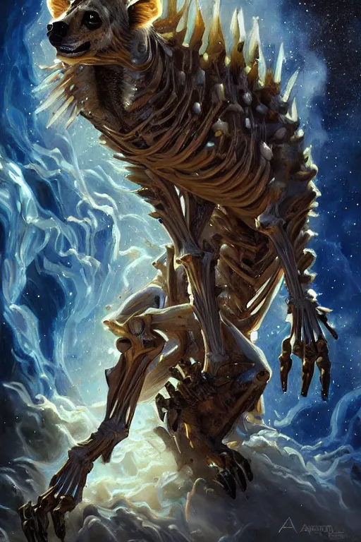 Prompt: beautiful oil painting with high detail and of a Hyena-Skeleton-Plasma-Galaxy God hybrid from dungeons and dragons and art direction by James Cameron ;by artgerm; wayne reynolds art station; cinematic quality character render; low angle; ultra high quality model; production quality cinema model;