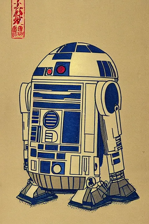 Image similar to Japanese woodblock print of r2d2