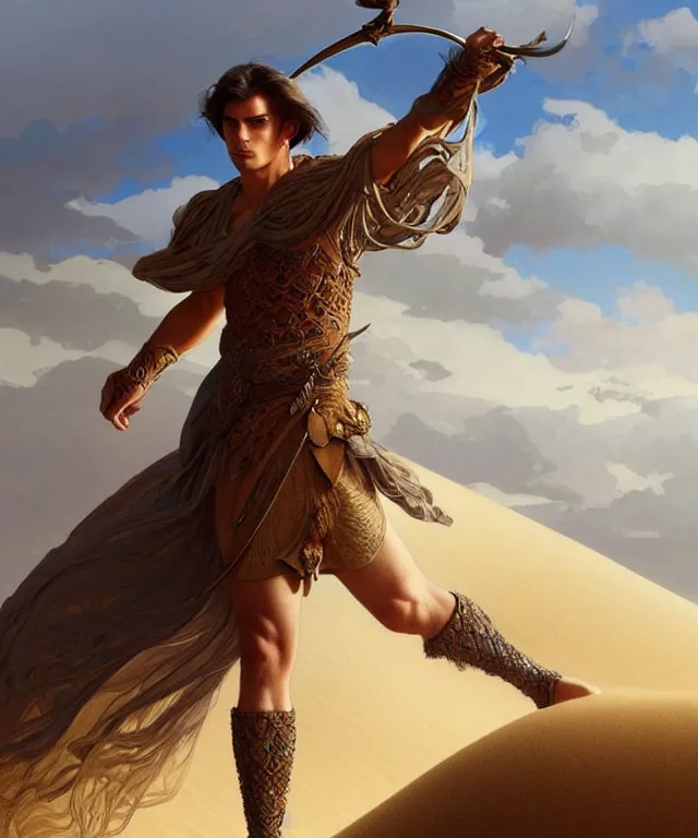 Prompt: An extremely agile and confident warrior standing atop a large sand dune, handsome clean shaven young face, straight hair, fantasy, intricate, elegant, highly detailed, digital painting, artstation, concept art, smooth, sharp focus, illustration, art by artgerm and greg rutkowski and alphonse mucha