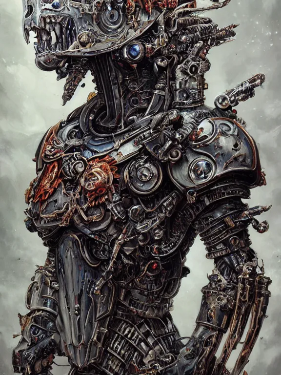 Image similar to art portrait of an undead space marine lich queen, intricate detailed armour ,8k,by tristan eaton,Stanley Artgermm,Tom Bagshaw,Greg Rutkowski,Carne Griffiths, Ayami Kojima, Beksinski, Giger,trending on DeviantArt,face enhance,hyper detailed,minimalist,cybernetic, android, blade runner,full of colour,