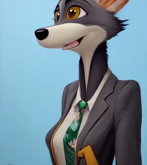 Image similar to oil painting of full body of anthromorphic female wolf, in style of zootopia, zootopia, zootopia, fursona, furry, furaffinity, 4 k, deviantart, furry art, fursona art, wearing black business suit, business suit, in style of zootopia, wolf fursona, cyberpunk, female, expressive detailed feminine face,
