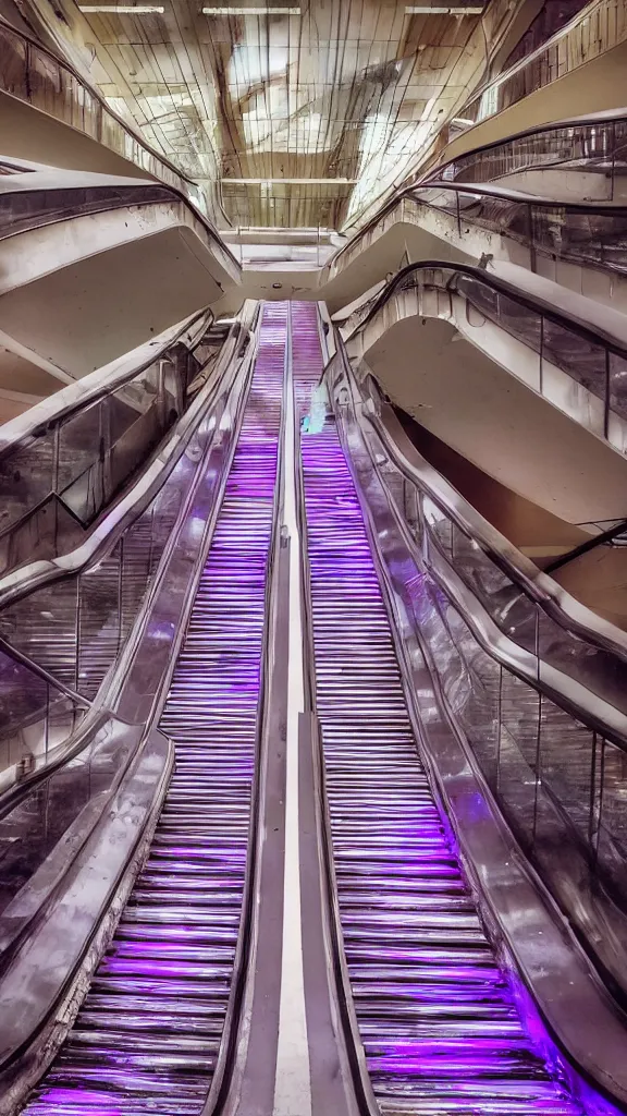 Prompt: 1980s magazine photo of an escalator inside an abandoned mall, with potted palm trees, decaying dappled sunlight, cool pinkish purple lighting, color