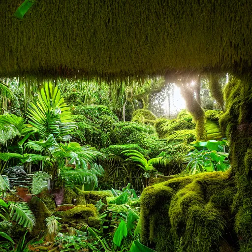 Prompt: a jungle temple surrounded by moss and tropical flowers, with a sunset, by alex horley, bokeh photography, amaranth colour