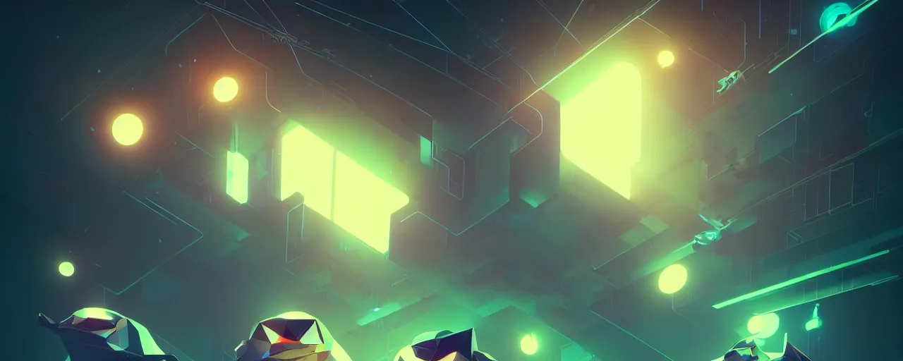 Image similar to duotone noir scifi concept illustration of lowpoly cats floating zero gravity glowing 3 d mesh portals futuristic, glowing eyes, octane render, surreal atmosphere, volumetric lighting. golden ratio by sachin teng and sergey kolesov and ruan jia and heng z. graffiti art, scifi, fantasy, hyper detailed. trending on artstation